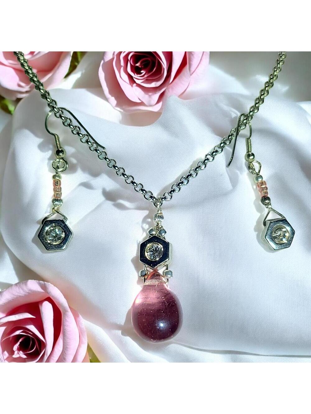 Pink Glass Teardrop Necklace and Earrings (#LWNE001)